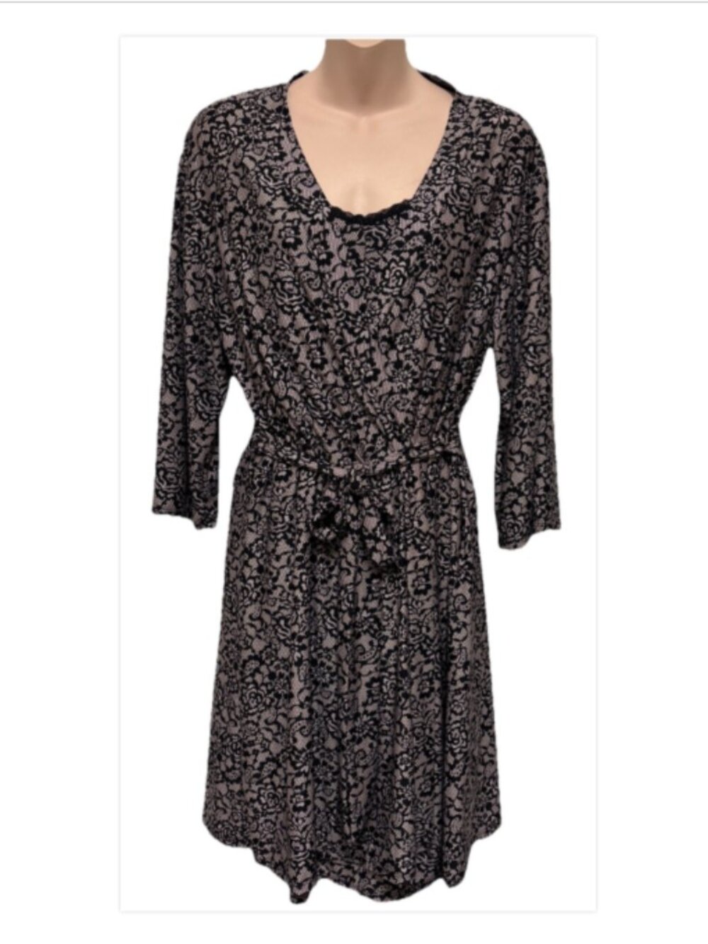 Rene Rofe Sleepwear Chemise w/Robe Stretchy Black Lace Floral Print Size M